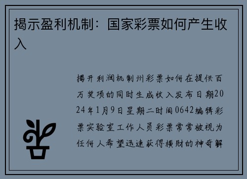 揭示盈利机制：国家彩票如何产生收入