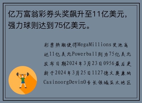 亿万富翁彩券头奖飙升至11亿美元，强力球则达到75亿美元。